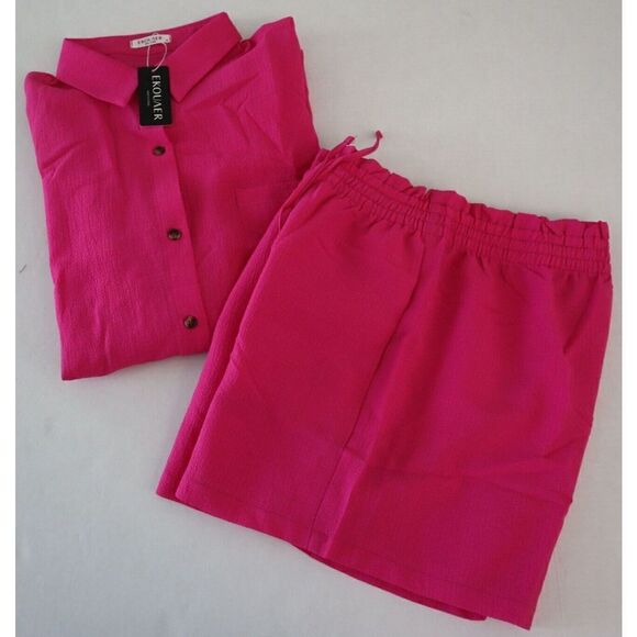 Ekouaer Womens Sz XL Hot Pink  2-Pc L/S Button Down Drawstring Shorts Lounge Set - Picture 4 of 7